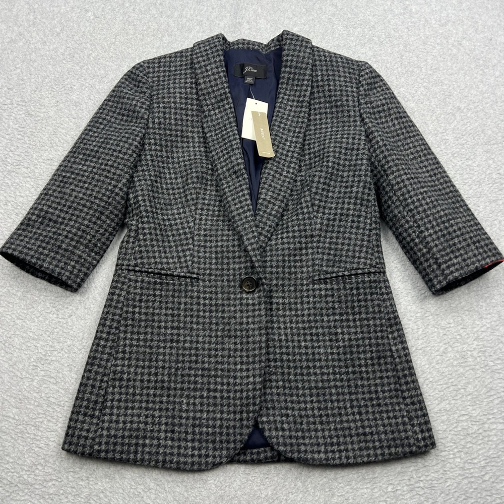 NEW J.Crew Blazer Womens 00P Gray Houndstooth Wool Button 3/4 Sleeve Coat J4862
